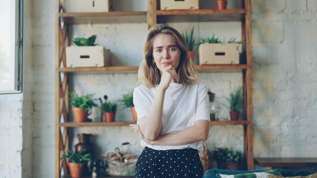 Young woman with hand on chin looking thoughtful.